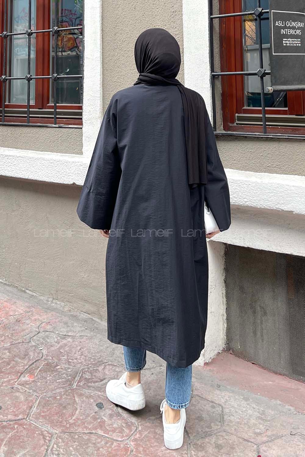 Lamelif Bağlamalı Uzun Kimono Siyah