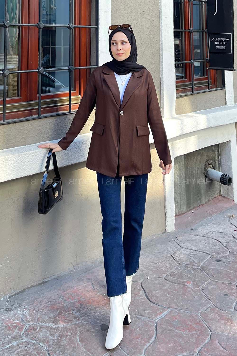 Lamelif Kapak Cep Detaylı Blazer Ceket Kahverengi