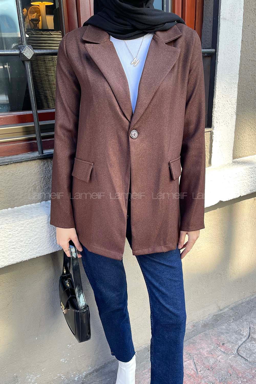 Lamelif Kapak Cep Detaylı Blazer Ceket Kahverengi