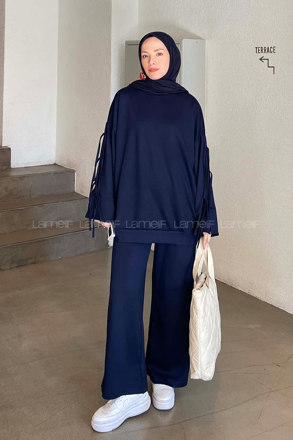 Lamelif Kol Fiyonk Bağlama Detaylı İkili Tesettür Takım Lacivert