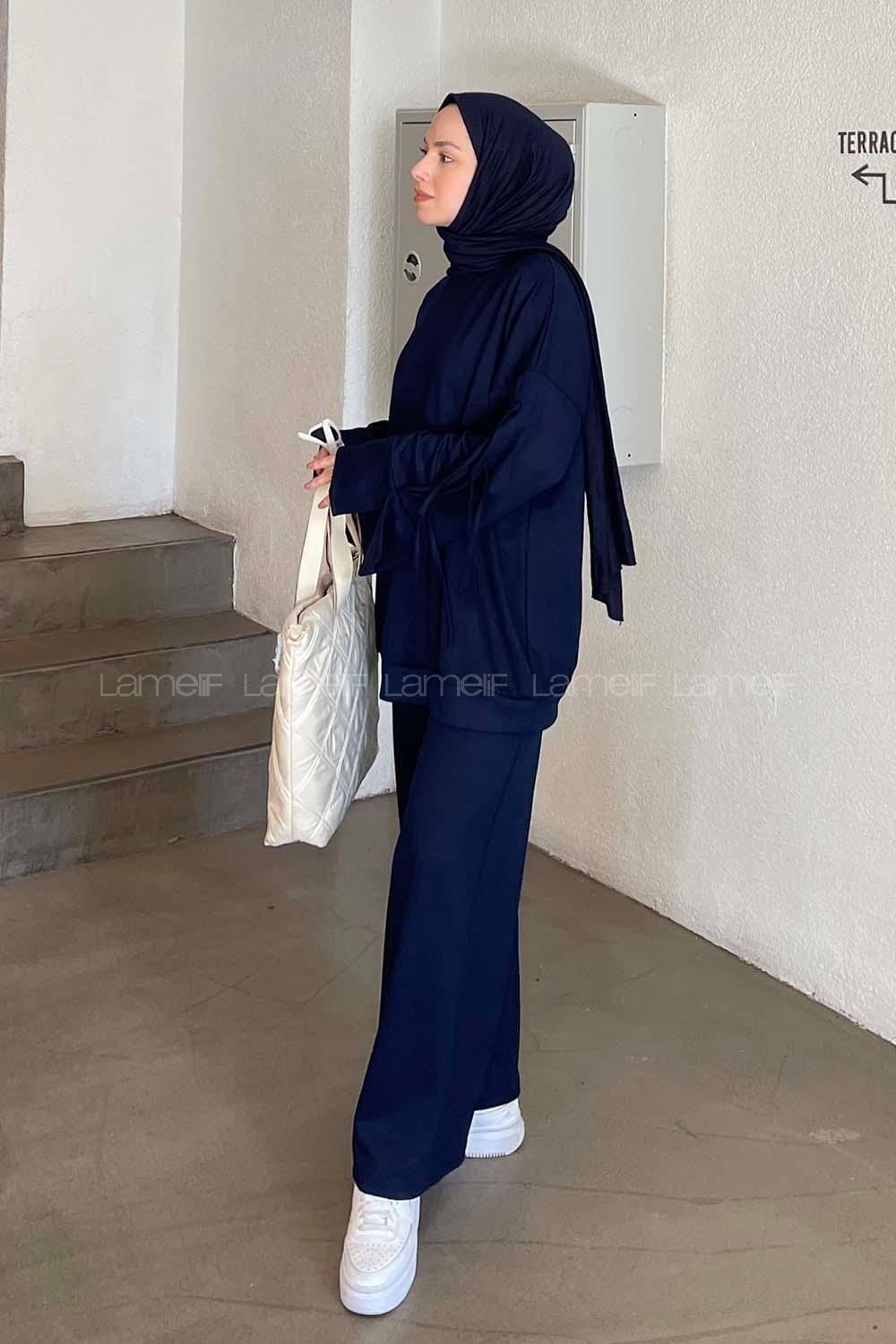 Lamelif Kol Fiyonk Bağlama Detaylı İkili Tesettür Takım Lacivert