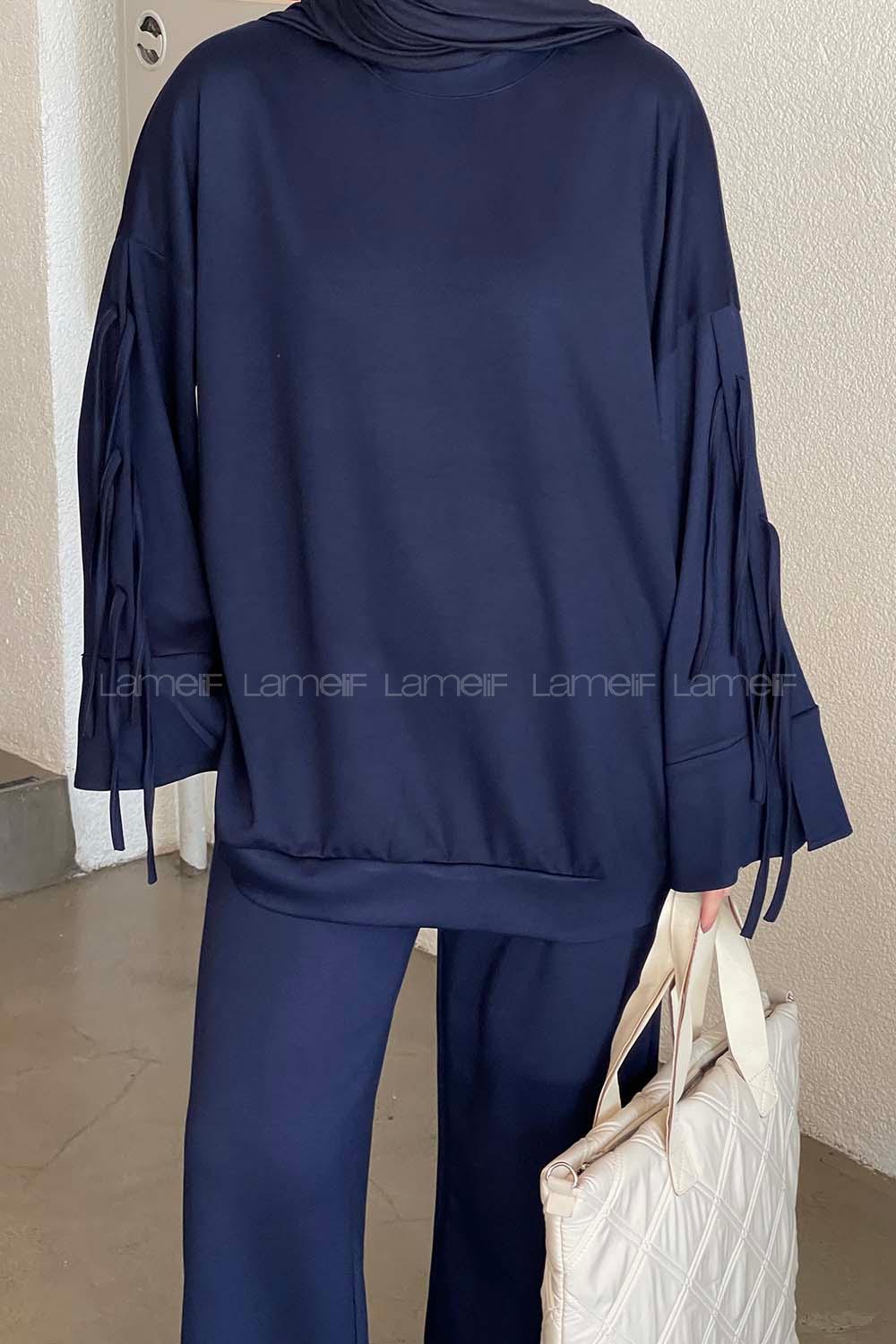 Lamelif Kol Fiyonk Bağlama Detaylı İkili Tesettür Takım Lacivert