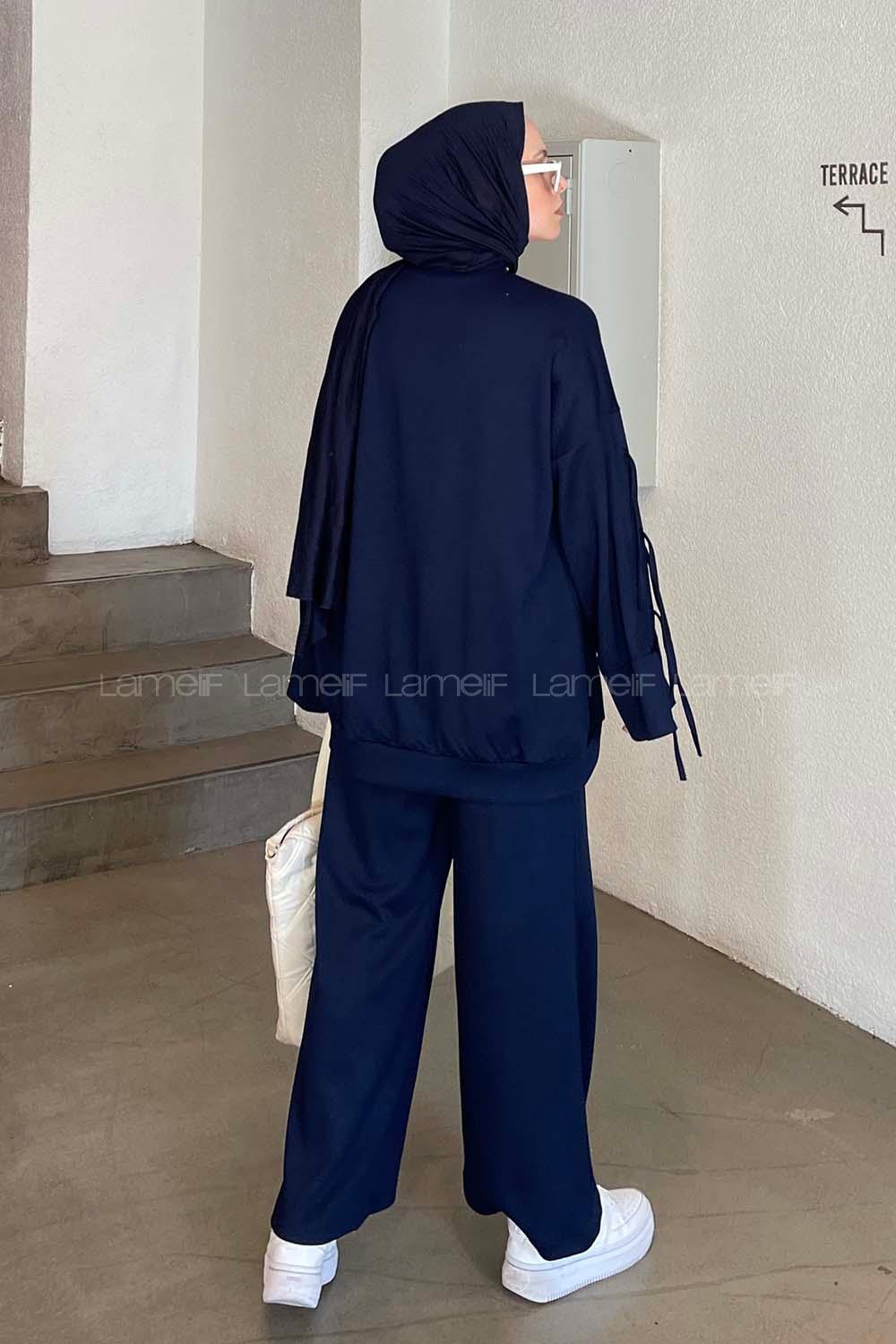 Lamelif Kol Fiyonk Bağlama Detaylı İkili Tesettür Takım Lacivert