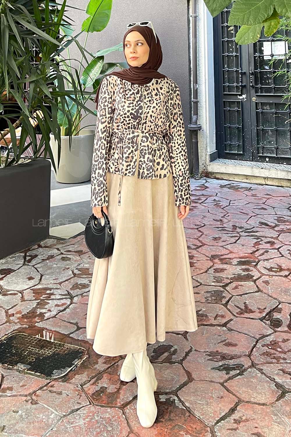 Lamelif Leopar Desen İkili Süet Tesettür Takım Sütlü Kahve