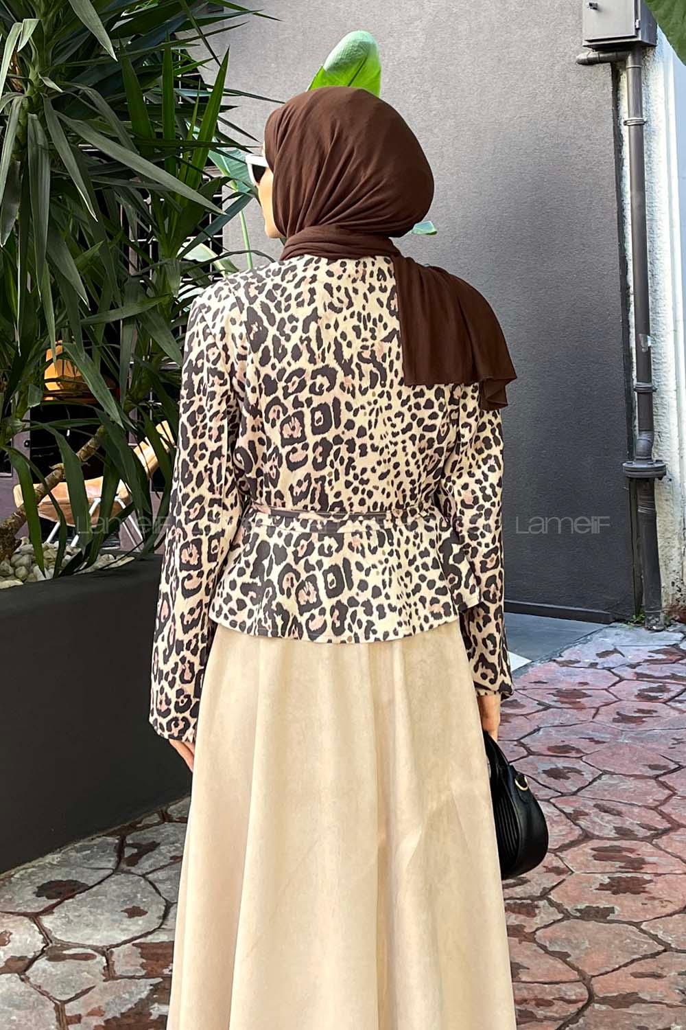 Lamelif Leopar Desen İkili Süet Tesettür Takım Sütlü Kahve