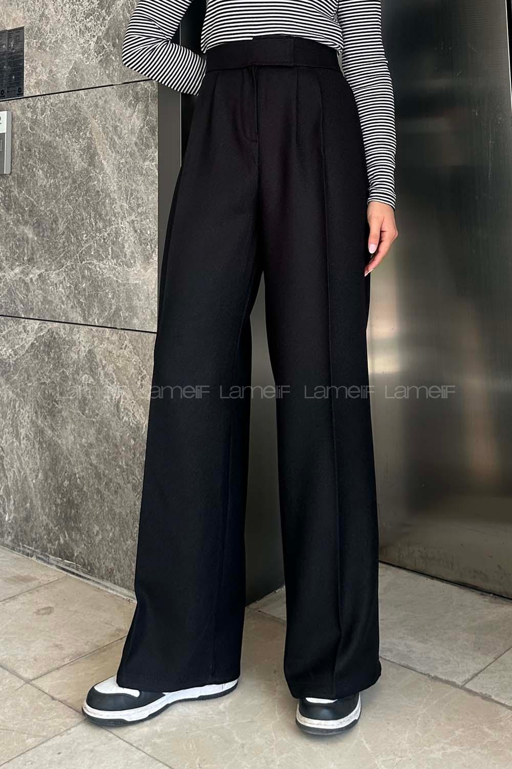 Beli Cırt Cırtlı Yün Palazzo Model Pantolon Siyah