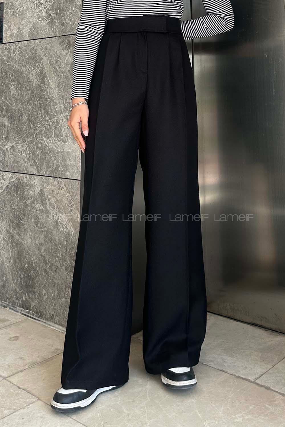 Beli Cırt Cırtlı Yün Palazzo Model Pantolon Siyah