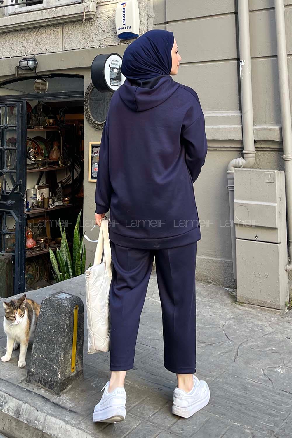 Lamelif Kapüşonlu Sweat Hırka İkili Tesettür Takım Lacivert