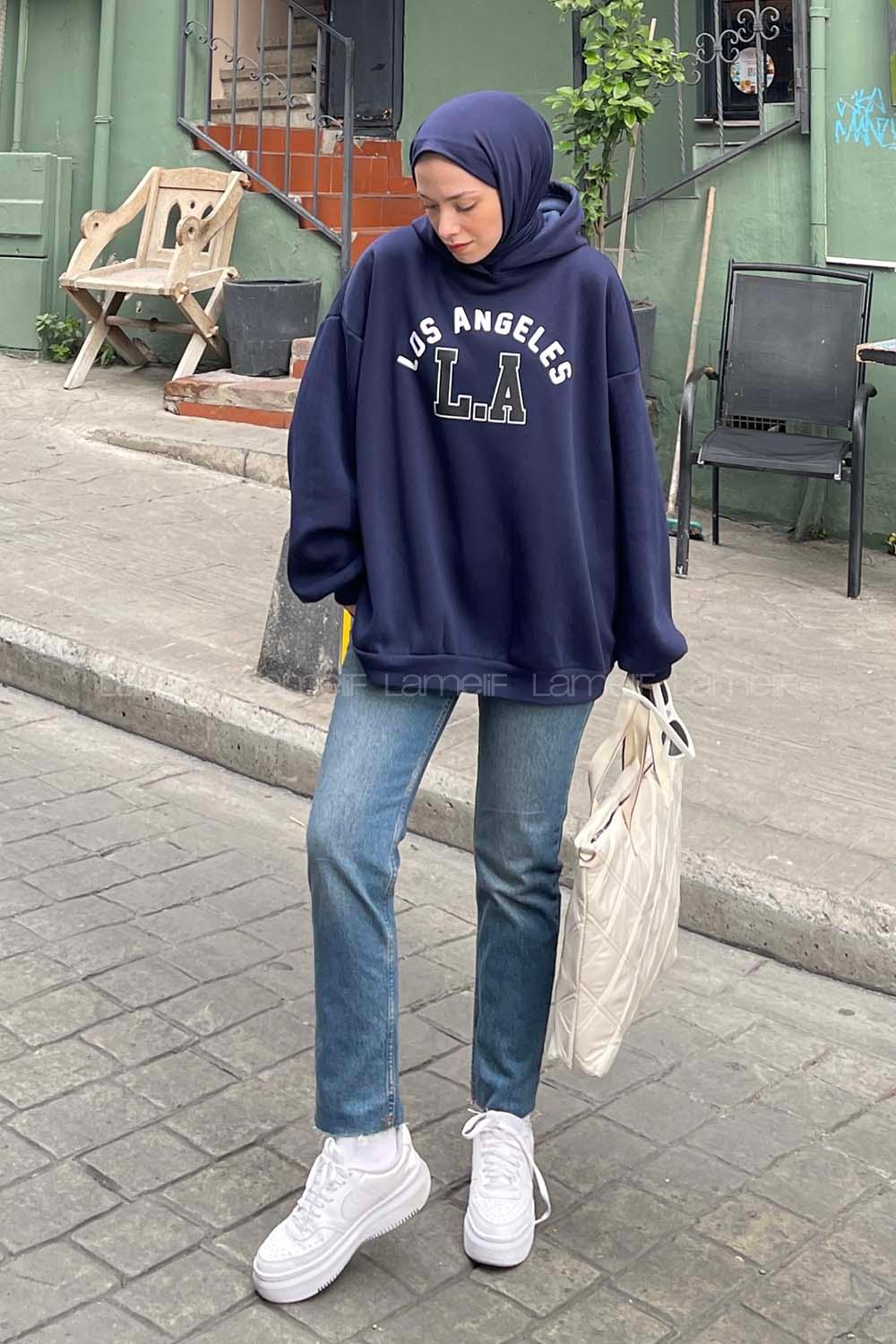 Lamelif Los Angeles Baskılı Oversize Sweatshirt Lacivert