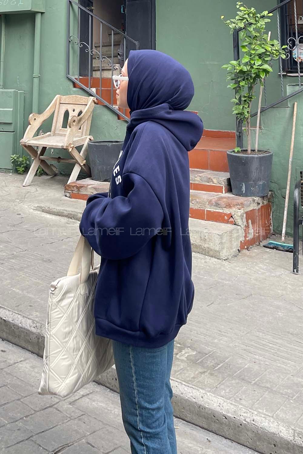 Lamelif Los Angeles Baskılı Oversize Sweatshirt Lacivert
