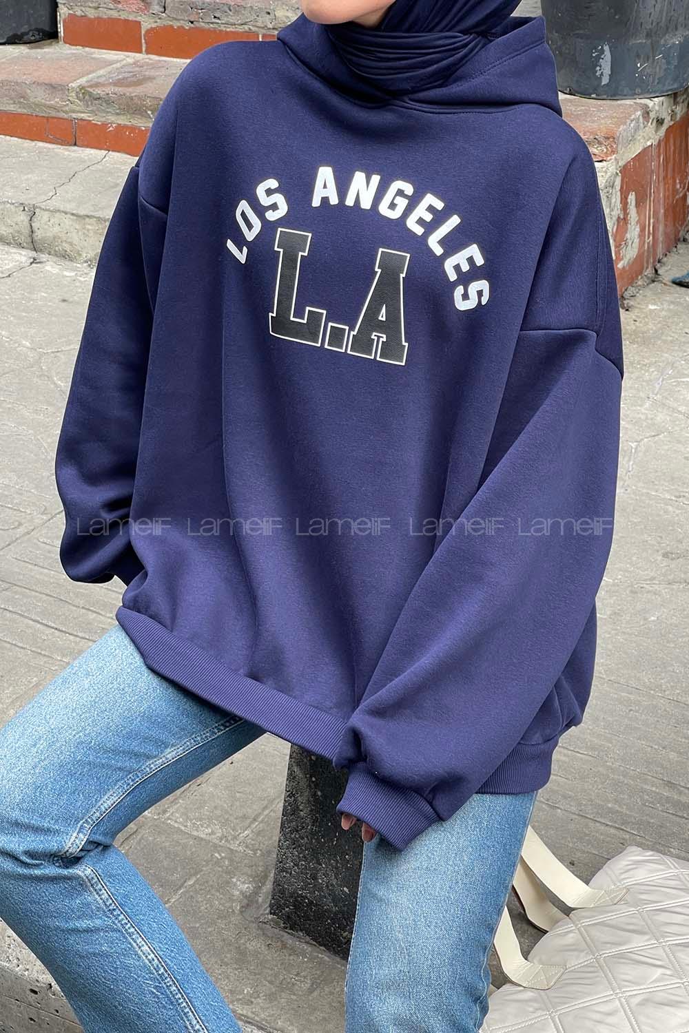 Lamelif Los Angeles Baskılı Oversize Sweatshirt Lacivert
