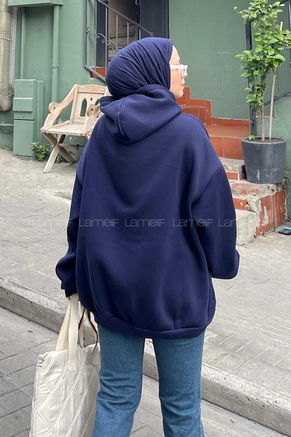 Lamelif Los Angeles Baskılı Oversize Sweatshirt Lacivert