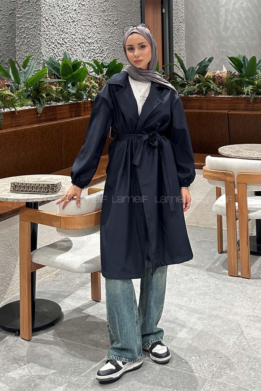 Lamelif Ön Açık Kuşaklı Trenç Lacivert