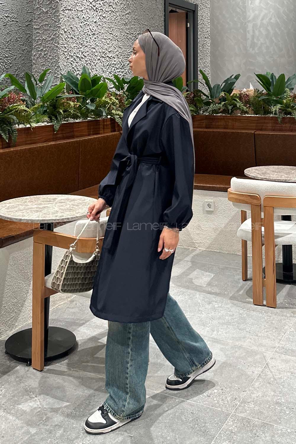 Lamelif Ön Açık Kuşaklı Trenç Lacivert