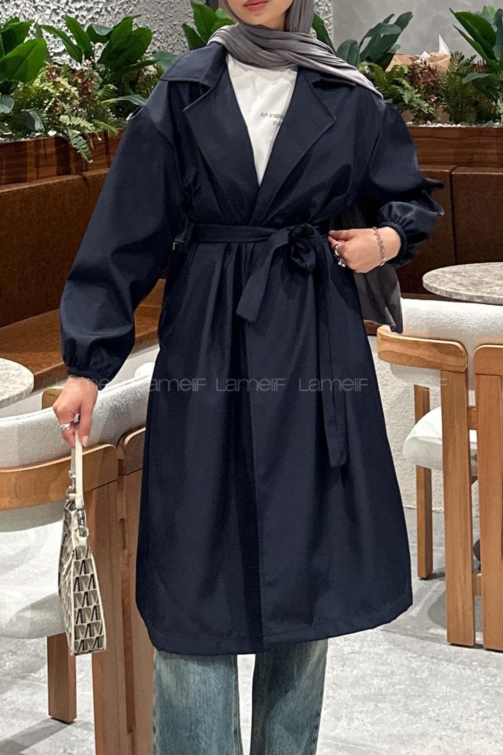 Lamelif Ön Açık Kuşaklı Trenç Lacivert