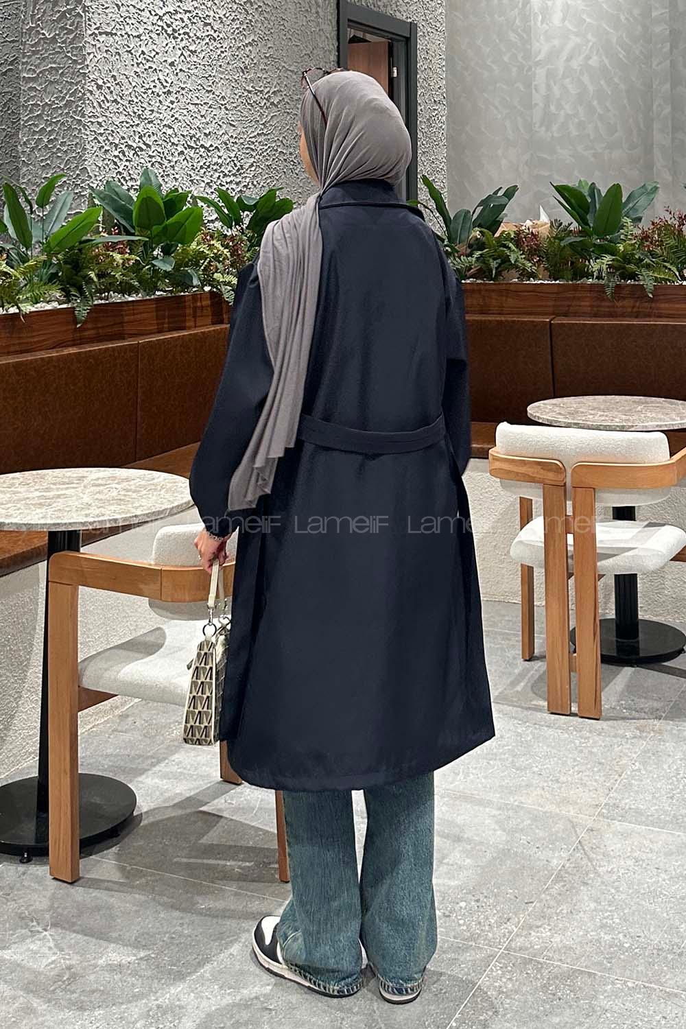 Lamelif Ön Açık Kuşaklı Trenç Lacivert