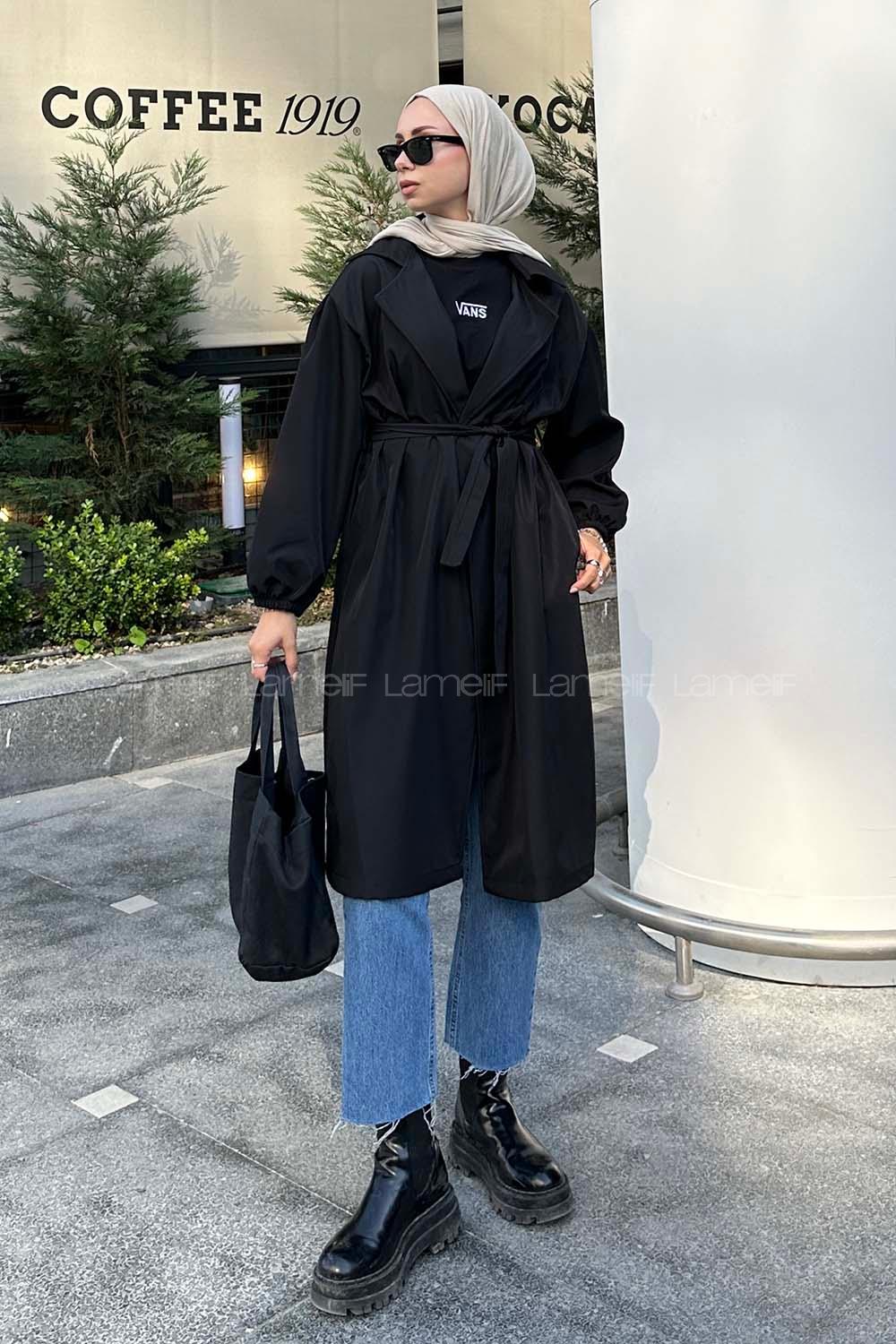 Lamelif Ön Açık Kuşaklı Trenç Siyah