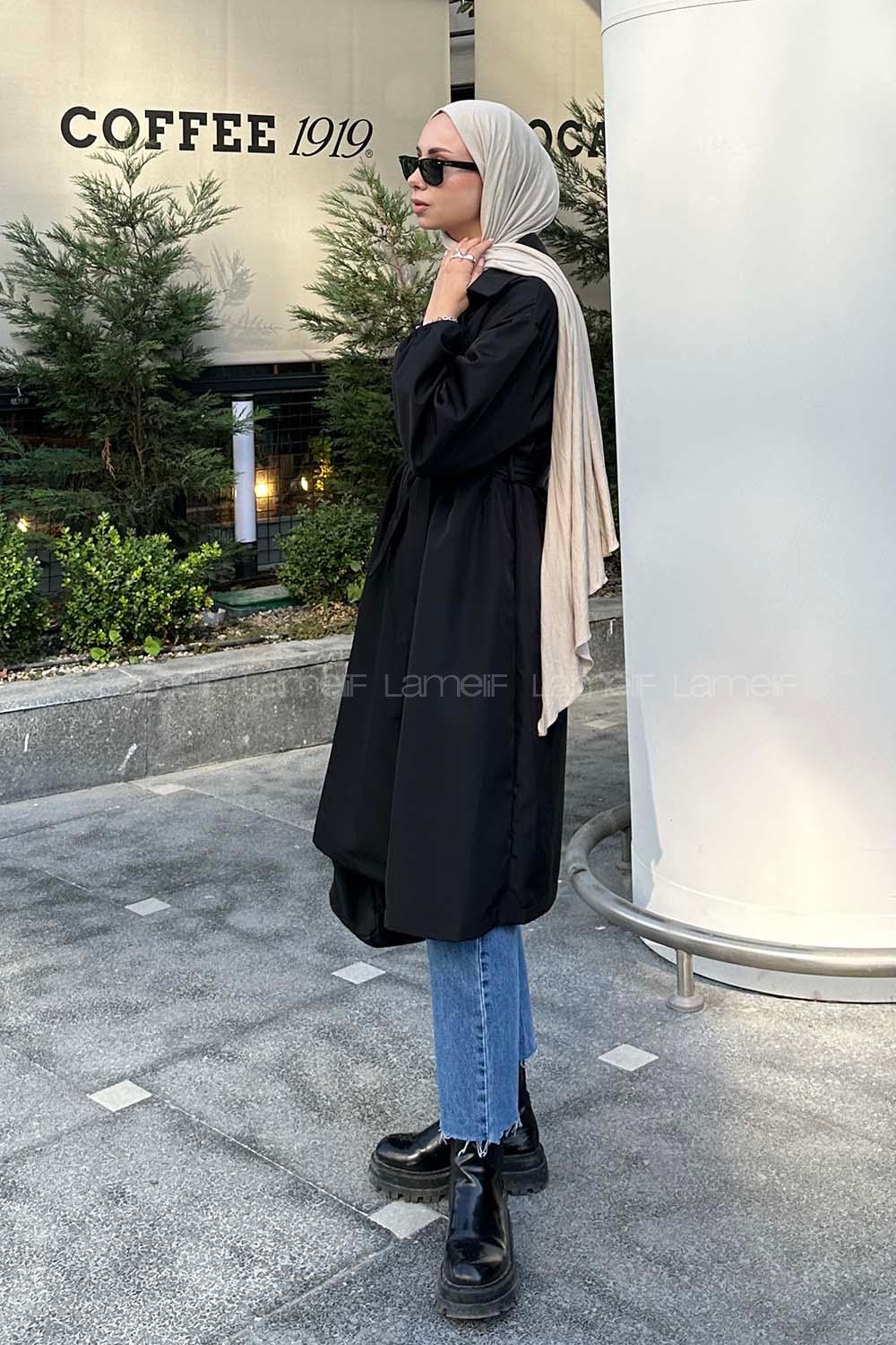 Lamelif Ön Açık Kuşaklı Trenç Siyah