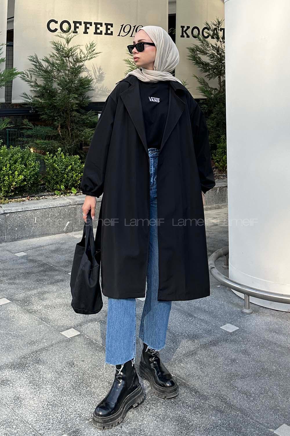 Lamelif Ön Açık Kuşaklı Trenç Siyah