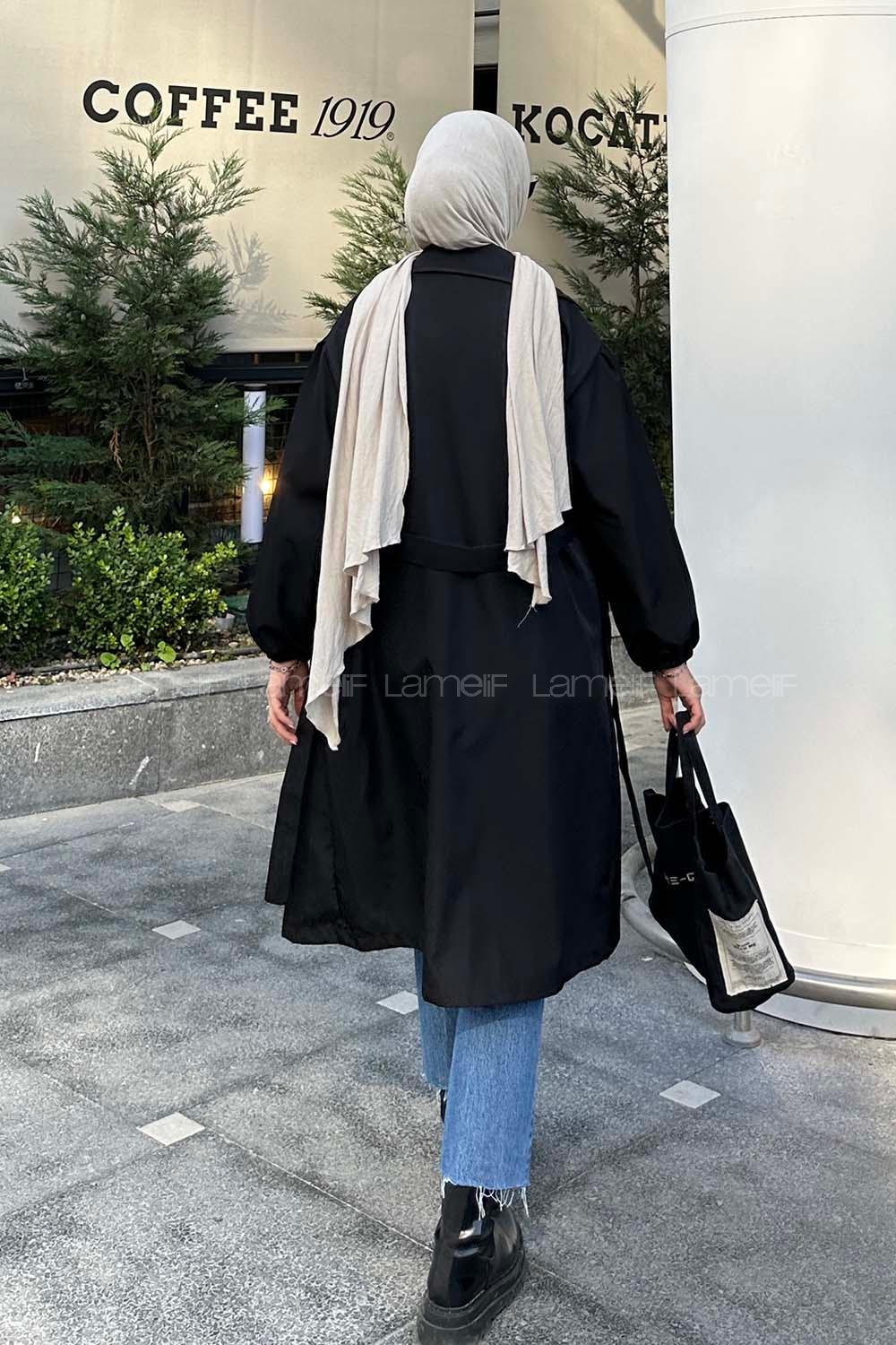 Lamelif Ön Açık Kuşaklı Trenç Siyah