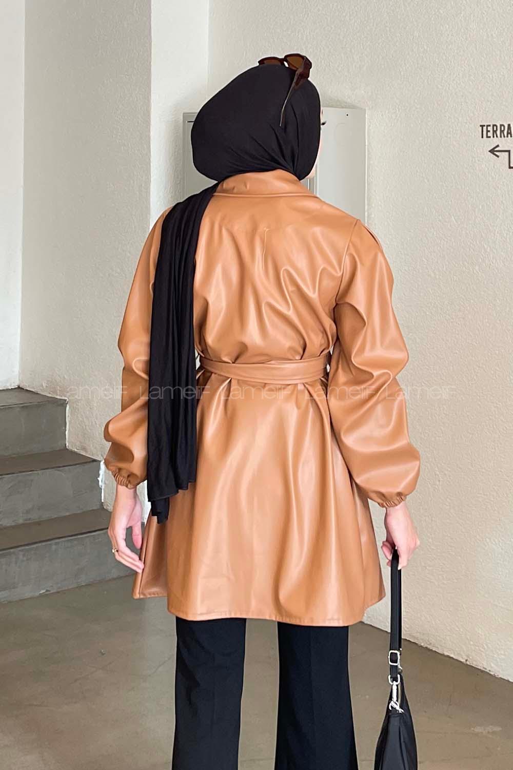 Lamelif Regular Fit Düğmeli Kuşaklı Deri Trençkot Kahverengi