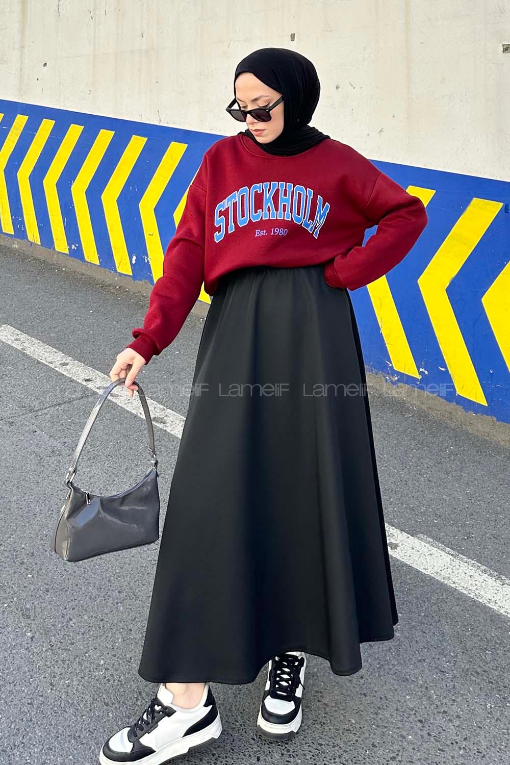 Lamelif Stockholm Baskı Detaylı Crop Sweat Bordo