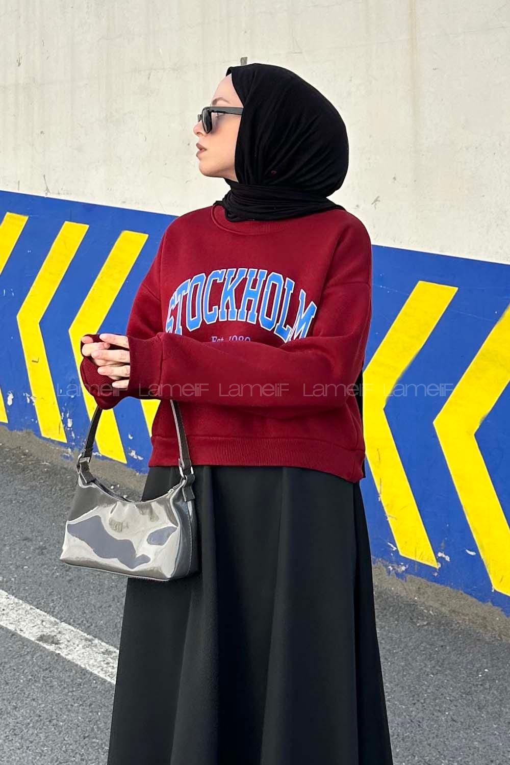 Lamelif Stockholm Baskı Detaylı Crop Sweat Bordo
