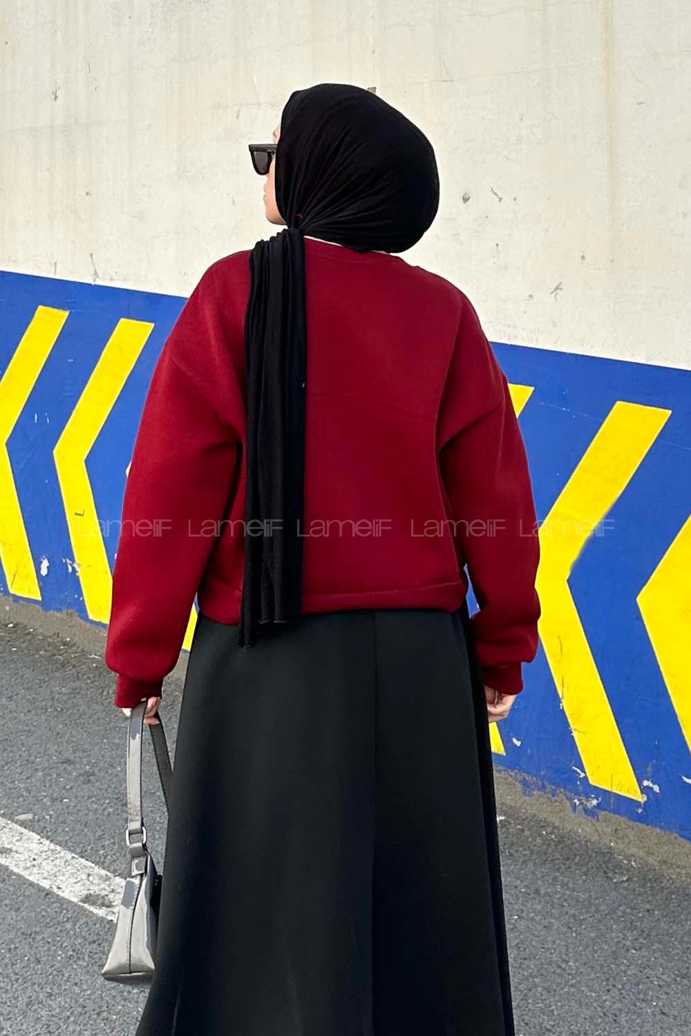 Lamelif Stockholm Baskı Detaylı Crop Sweat Bordo