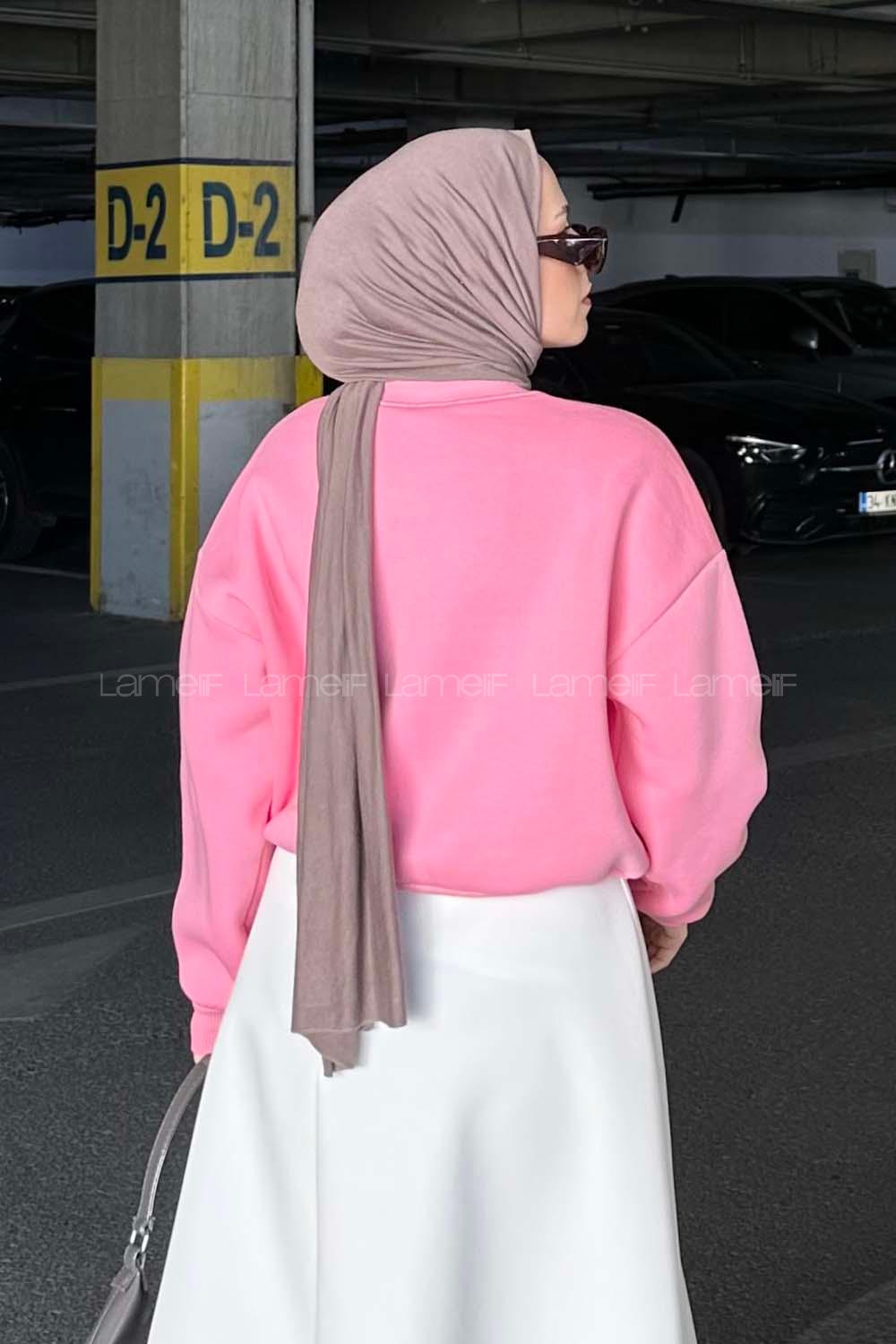 Lamelif Stockholm Baskı Detaylı Crop Sweat Pembe