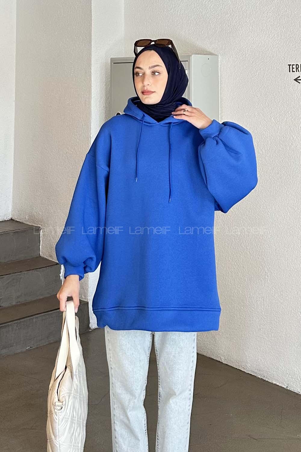 Saxe Hood Neck Balloon Sleeve Arm Sweatshirt