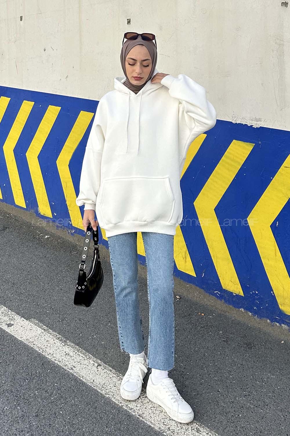 Lamelif Üç İplik Kanguru Cep Sweatshirt Beyaz