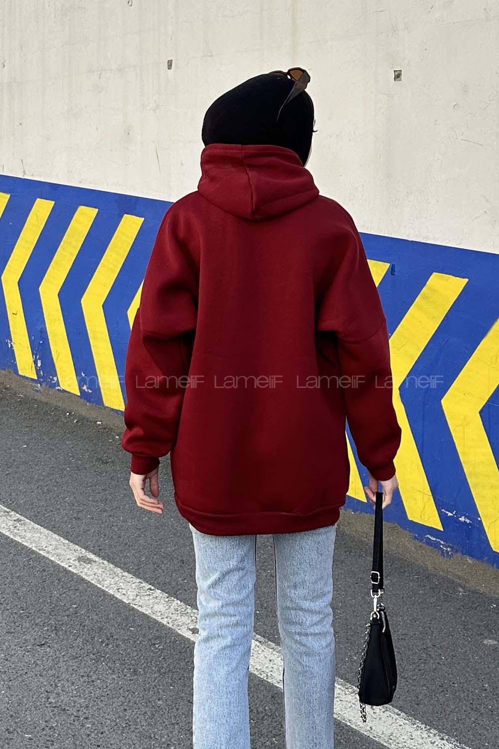 Lamelif Üç İplik Kanguru Cep Sweatshirt Bordo