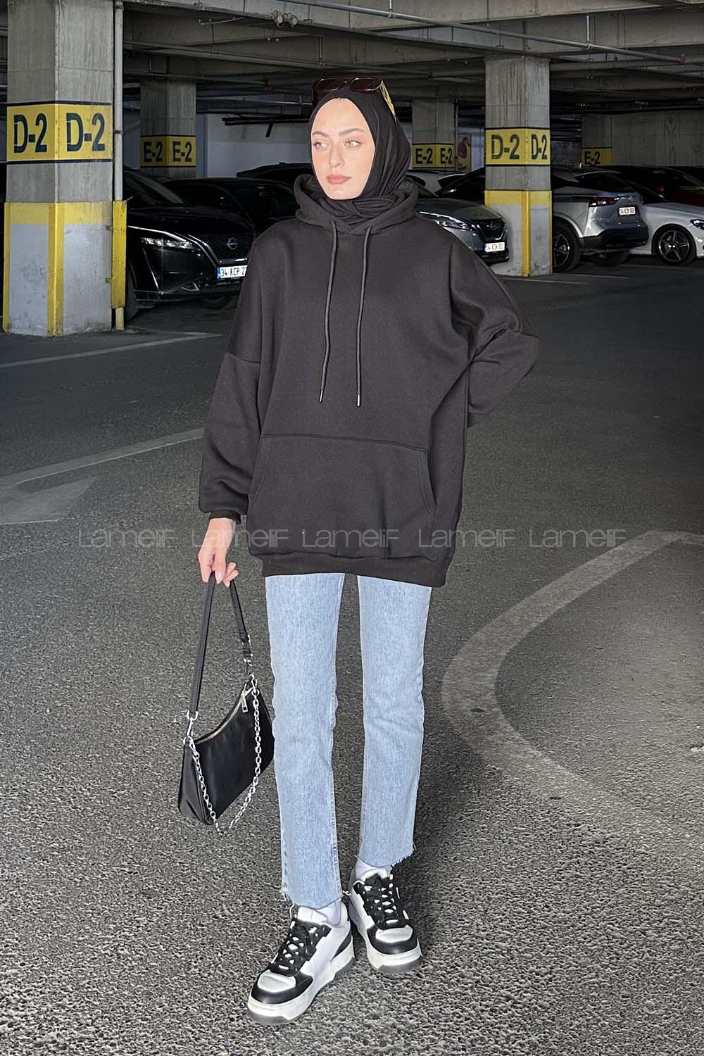 Lamelif Üç İplik Kanguru Cep Sweatshirt Siyah