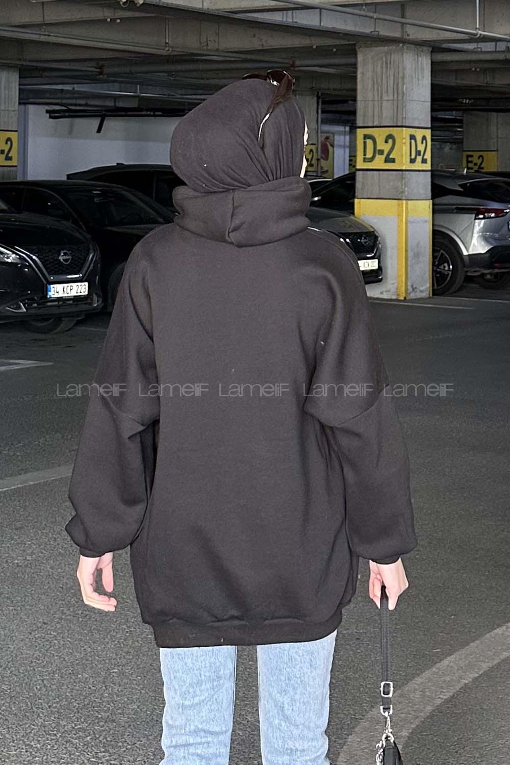 Lamelif Üç İplik Kanguru Cep Sweatshirt Siyah