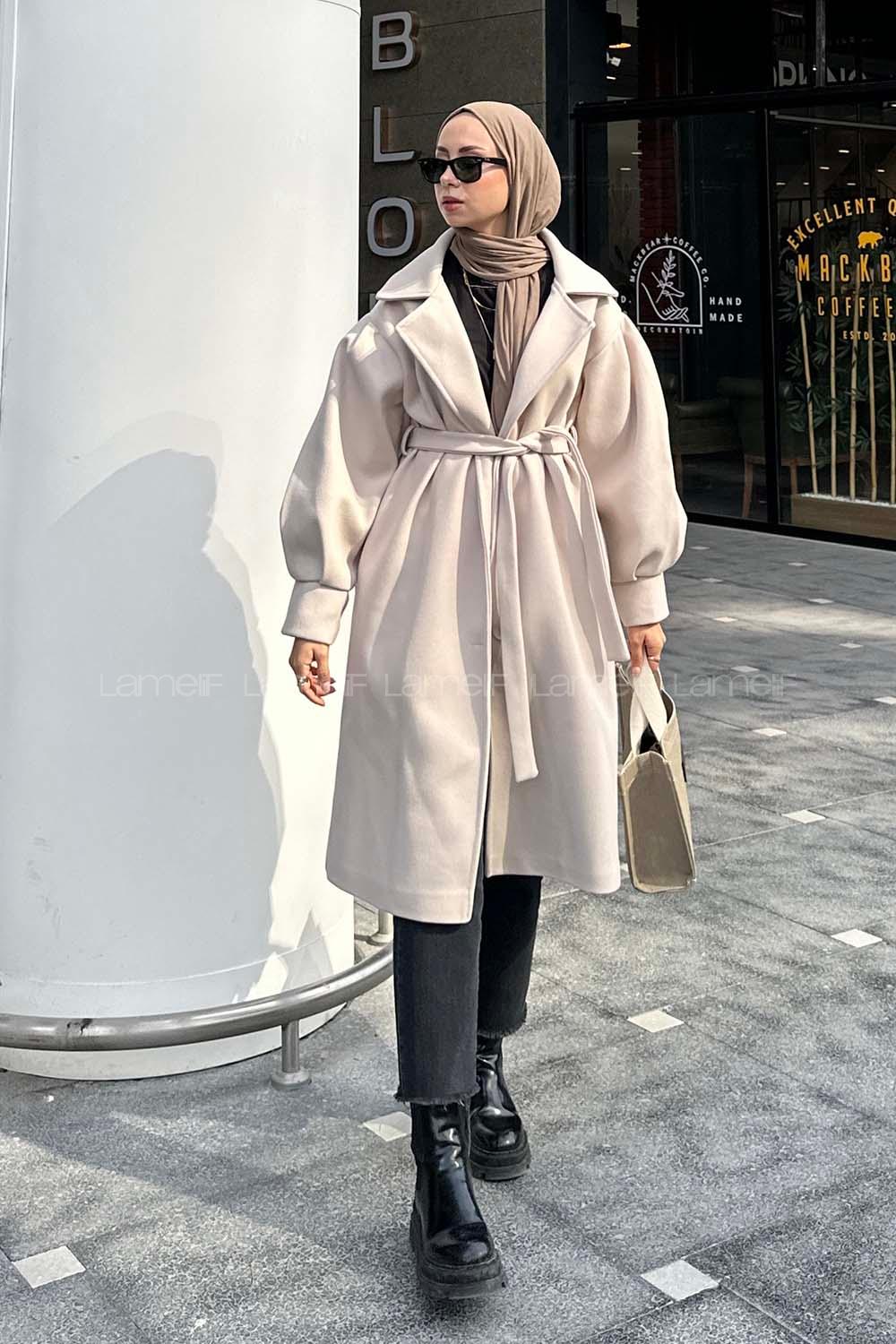 Lamelif Balon Kol Örme Kaşe Kaban Bej