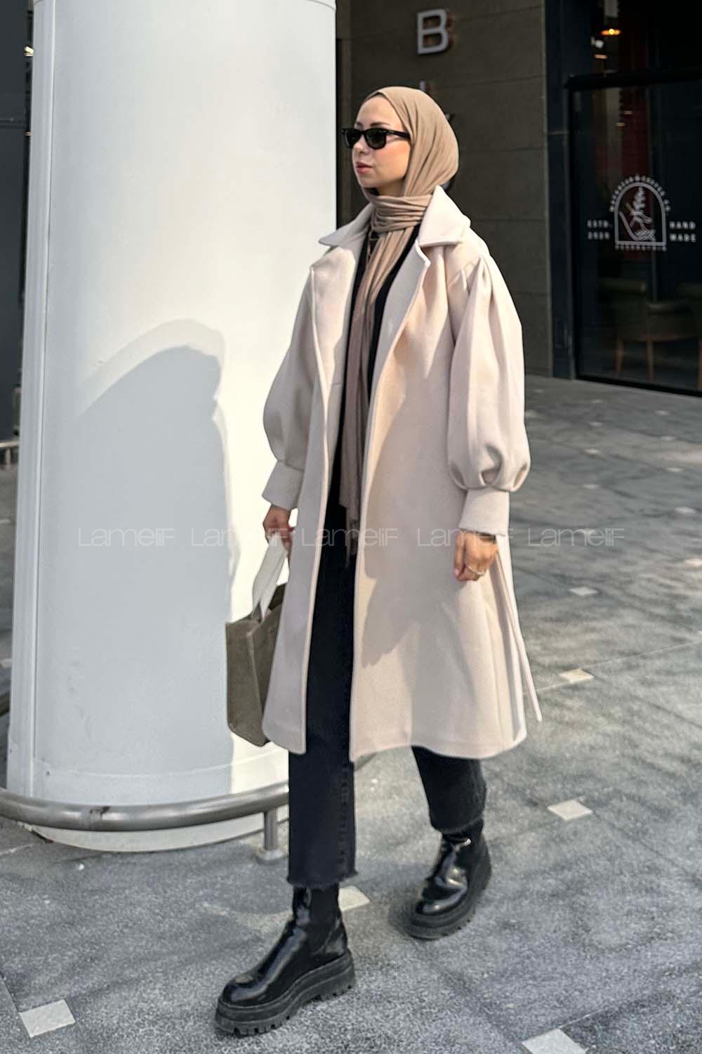 Lamelif Balon Kol Örme Kaşe Kaban Bej