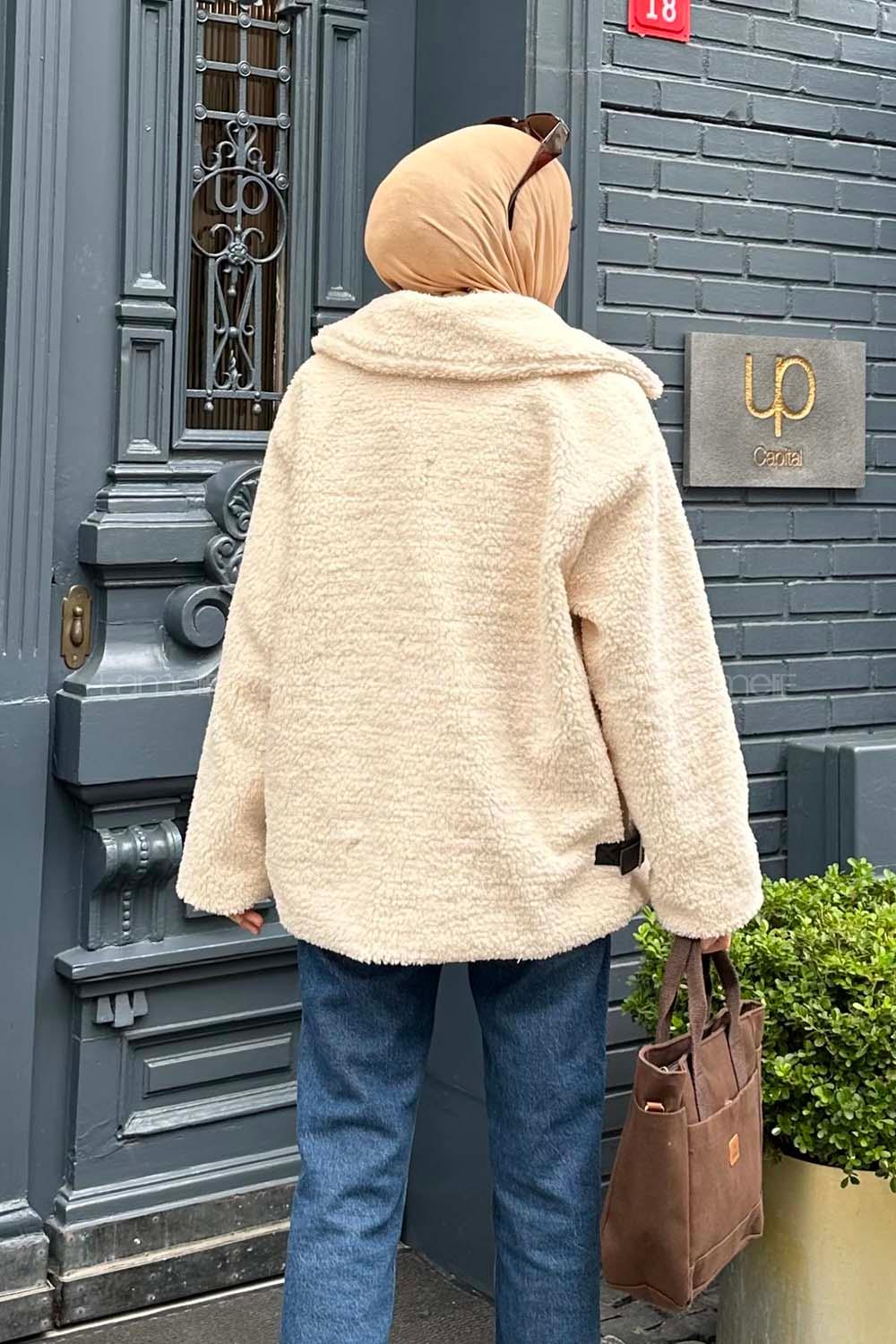 Lamelif Kemer Detaylı Peluş Mont Krem