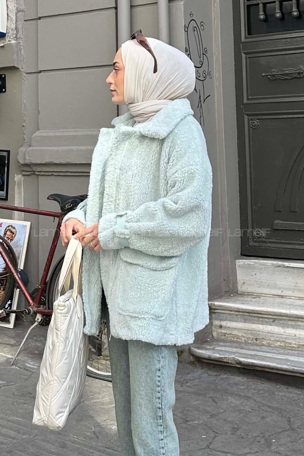 Lamelif Kol Detaylı Fermuarlı Teddy Mont Mint