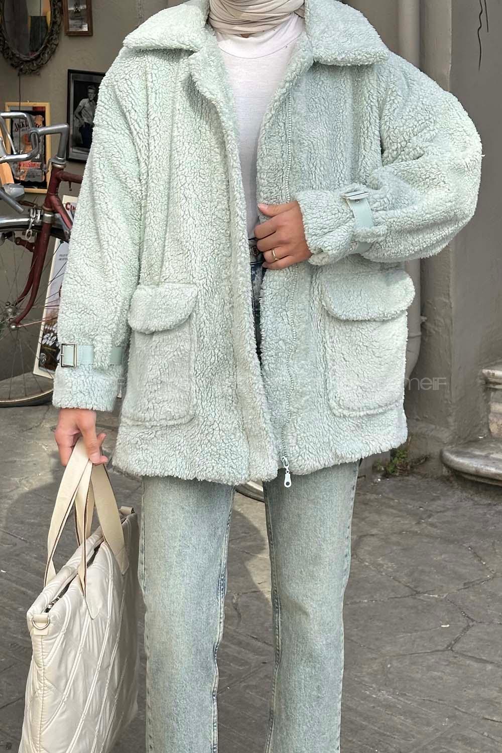 Lamelif Kol Detaylı Fermuarlı Teddy Mont Mint