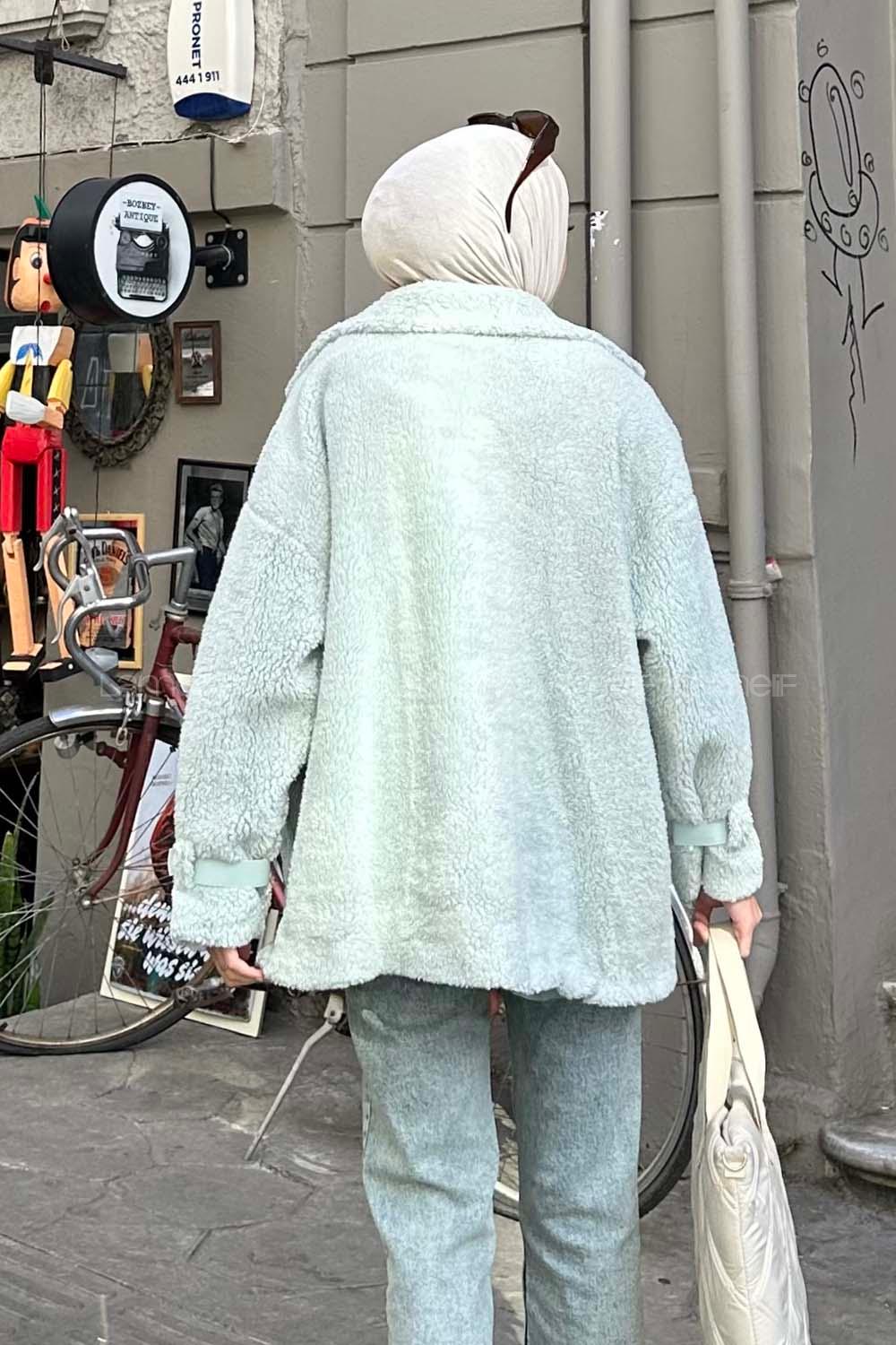 Lamelif Kol Detaylı Fermuarlı Teddy Mont Mint