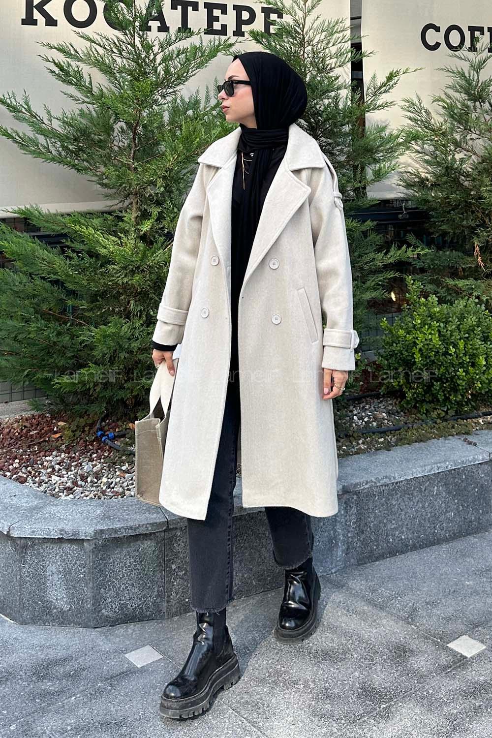 Lamelif Omuz Filetolu Kol Apoletli Kaşe Kaban Taş Rengi