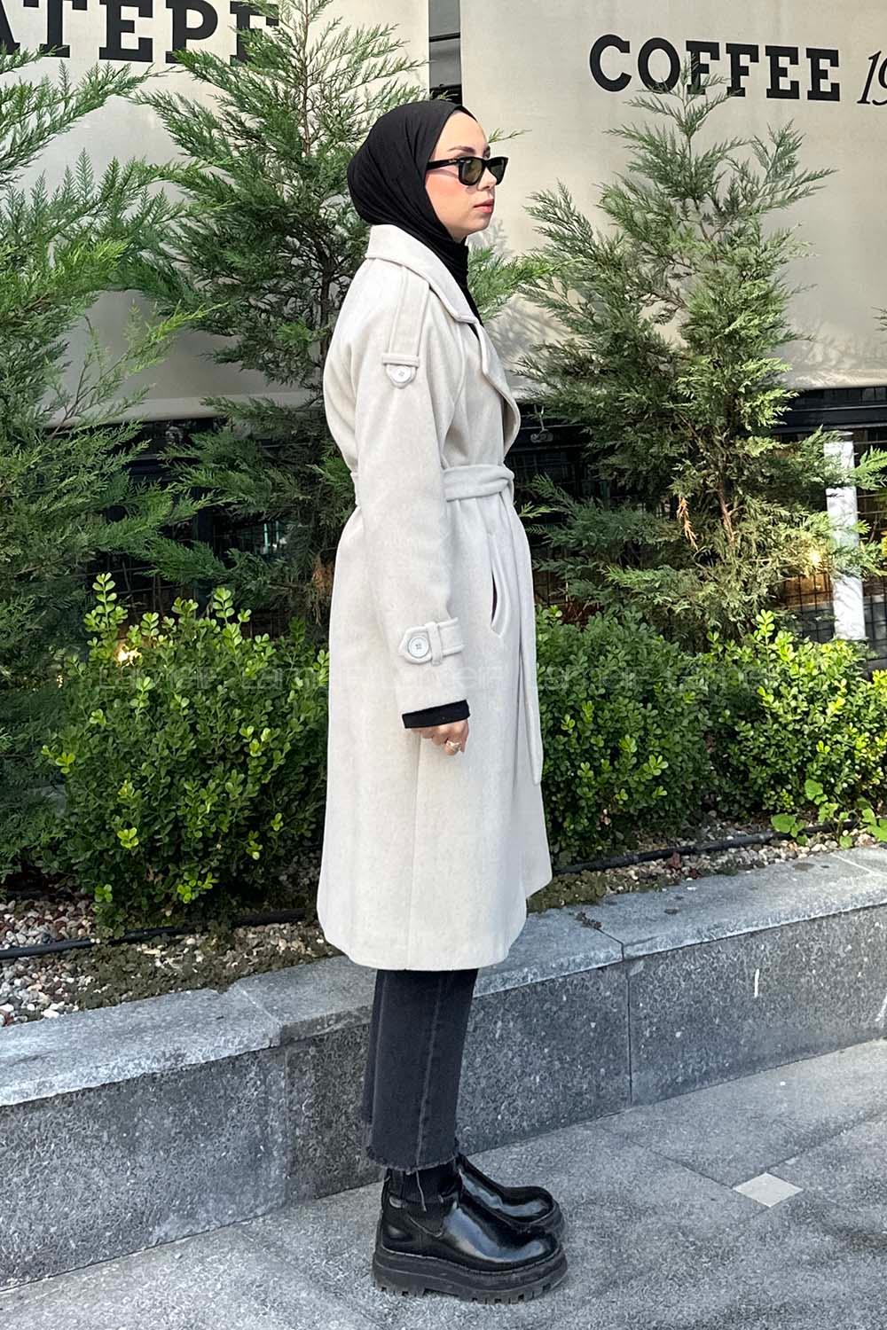 Lamelif Omuz Filetolu Kol Apoletli Kaşe Kaban Taş Rengi