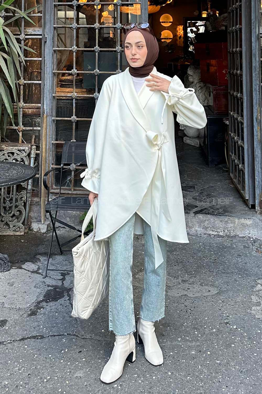 Lamelif Ön Bağlamalı Kaşe Kimono Ekru