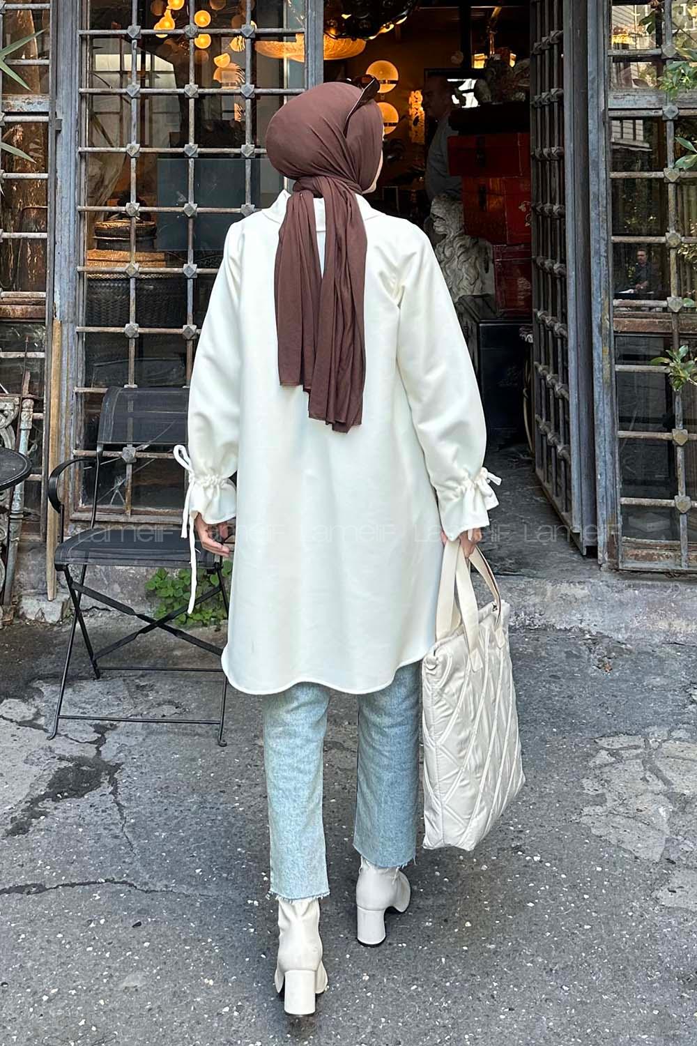 Lamelif Ön Bağlamalı Kaşe Kimono Ekru