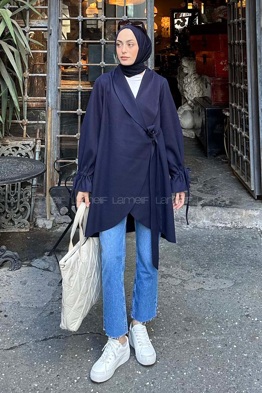 Lamelif Ön Bağlamalı Kaşe Kimono Lacivert