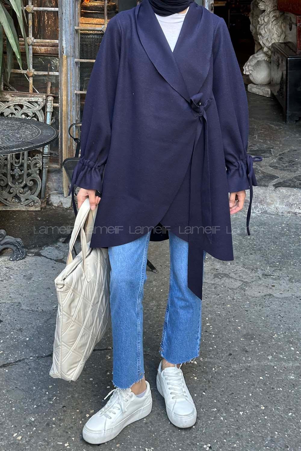 Lamelif Ön Bağlamalı Kaşe Kimono Lacivert