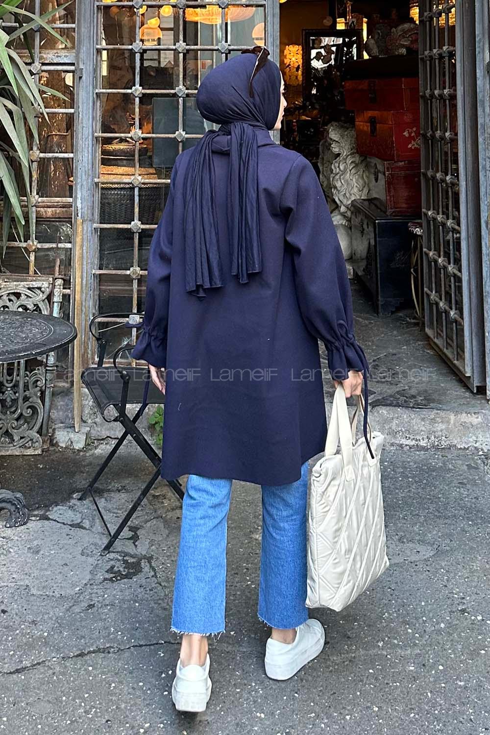 Lamelif Ön Bağlamalı Kaşe Kimono Lacivert