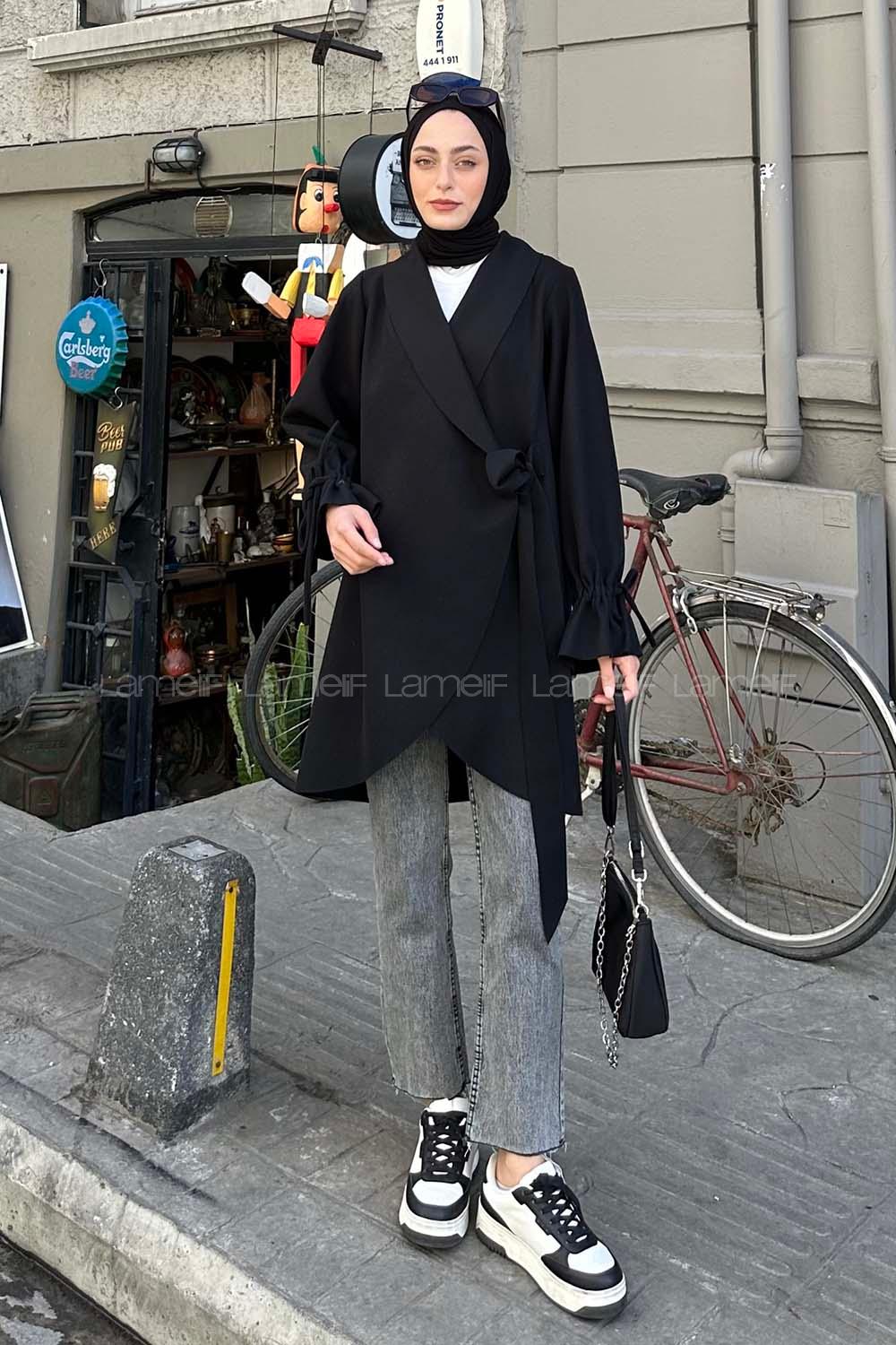 Lamelif Ön Bağlamalı Kaşe Kimono Siyah