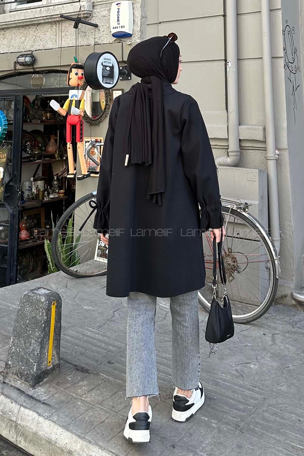 Lamelif Ön Bağlamalı Kaşe Kimono Siyah