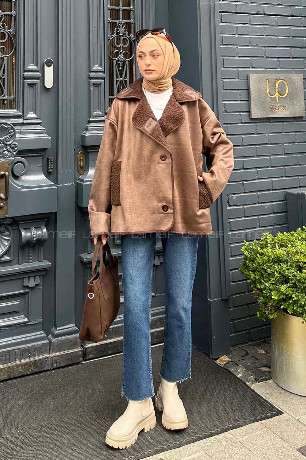 Lamelif Süet Düğmeli Mont Kahve